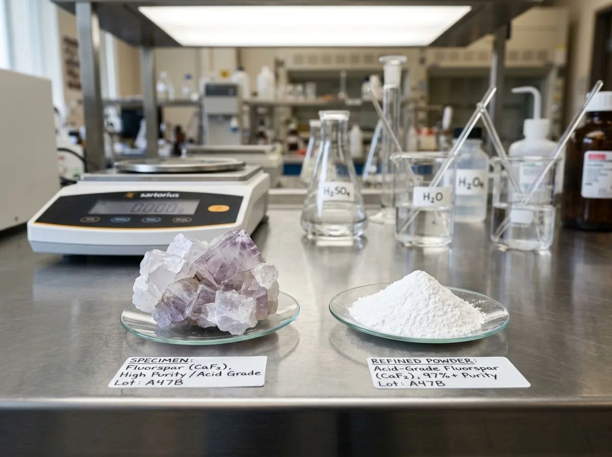 Fluorspar specimen and refined acid-grade powder in laboratory